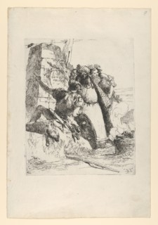 A magician, a soldier and three figures watching a burning skull from the Scherzi d..., ca. 1743-50. Creator: Giovanni Battista Tiepolo.