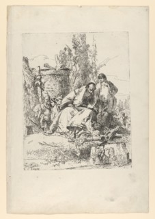 Seated magician, boy and four figures from the Scherzi di Fantasia, ca. 1743-50. Creator: Giovanni Battista Tiepolo.