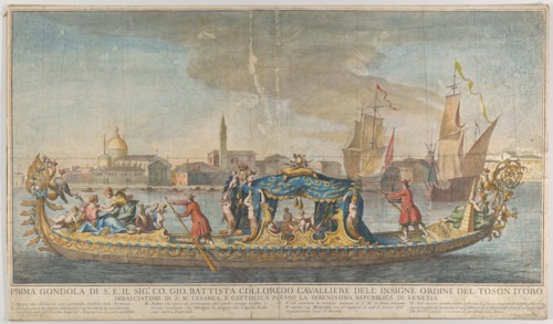 The highly ornamented first gondola of Ambassador Giovanni Battista Colloreado entering..., 1720-30. Creator: Giovanni Antonio Faldoni.