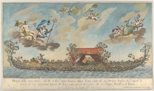 The highly ornamented third gondola of Francesco Antonio Berka entering Venice, Gods on cl..., 1700. Creator: Johann Georg Wolfgang.