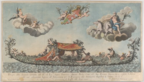 The highly ornamented second gondola of Francesco Antonio Berka entering Venice, Gods on c..., 1700. Creator: Johann Georg Wolfgang.