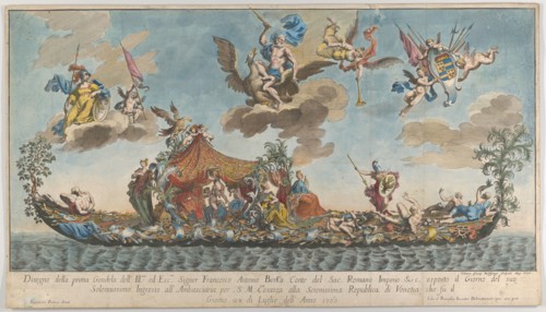 The highly ornamented first gondola of Francesco Antonio Berka entering Venice, Gods on cl..., 1700. Creator: Johann Georg Wolfgang.