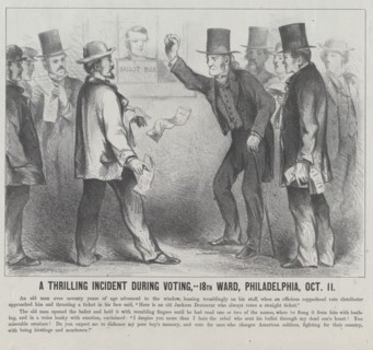 A Thrilling Incident During the Voting, 18th Ward, Philadelphia, October 11, 1864. Creator: Harley.