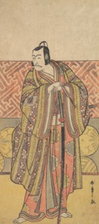 Ichikawa Danjuro V as Kudo Suketsune, Richly Attired, Leaning on His Sword, late 18th century. Creator: Shunsho.