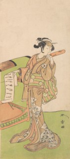 The Actor Iwai Hanshiro IV in Female Role, Standing Beside a Litter, 1726-1792. Creator: Shunsho.