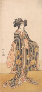 Yoshizawa Iroha as a Woman (Tomoe Gozen?) Standing on the Bank, 1774 or 1775. Creator: Shunsho.
