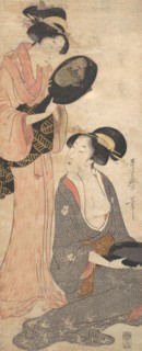 Two Ladies, Each with a Portion of a Lacquered Mirror, 1790s. Creator: Kitagawa Utamaro.