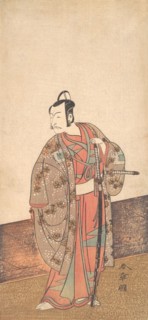 The Actor Ichikawa Danjuro V standing inside of a house and in front of an engawa, ca. 1772. Creator: Shunsho.