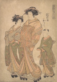 The Oiran Wakoku of Echizen-ya attended by a Shinzo and a Kamuro, ca. 1778. Creator: Katsukawa Shuncho.