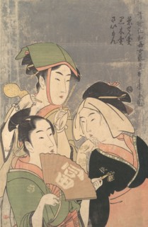 Three Niwaka Performers, Chasenuri, Kurokiri, and Saimon..., ca. 1794. Creator: Kitagawa Utamaro.