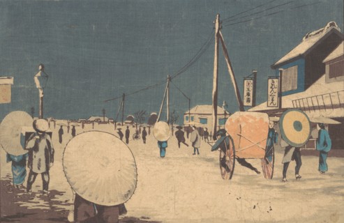 Street Scene in the Outskirts of Edo on an Evening in Winter, ca. 1878. Creator: Kobayashi Kiyochika.