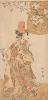 Segawa Tomisaburo in the Role of Musume Dojoji in "Hanagatami Kazaori Eboshi", February 1774. Creator: Shunsho.
