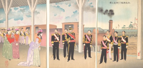 Illustration of the Arrival of the Emperor at Shinbashi Station Following a Victory (Gaise..., 1895. Creator: Kobayashi Kiyochika.