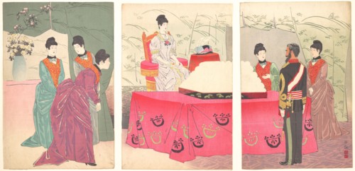 Illustration of the Empress Visiting the General Staff Headquarters [to present a tray of ..., 1895. Creator: Kobayashi Kiyochika.