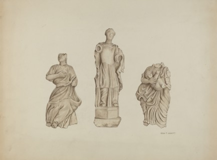 Faith, Hope and Charity: Stone Figures from Facade of Mission, 1936. Creator: Edward Jewett.