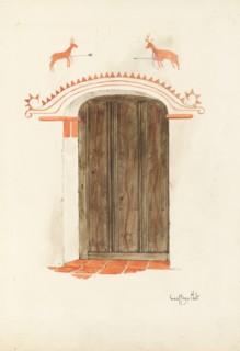 Restoration Drawing: Wall Decoration Over Doorway, Facade of Mission-House, c. 1937. Creator: Geoffrey Holt.