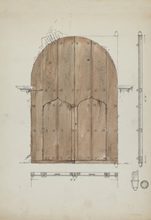 Restoration Drawing of Original "Needle's Eye"Doors, Formerly Main Entrance Doors of, c. 1936. Creator: Geoffrey Holt.