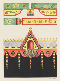 Wall and Ceiling Decorations, and Holy Water Font; Restoration Drawing, 1936. Creator: Randolph F Miller.