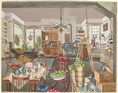 Semi-Rural Kitchen and Dining Room, 1910, 1935/1942. Creator: Perkins Harnly.
