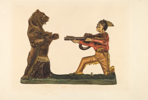 Toy Bank: Hunter Shooting Bear, c. 1938. Creator: Einar Heiberg.