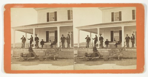 Untitled [Men on the porch of a house, with donkey cart], 1875/99.  Creator: Unknown.