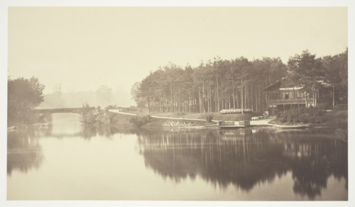 Untitled, c. 1850. [Bridge and chalet in the Bois de Boulogne, a park in Paris].  Creator: Charles Marville.