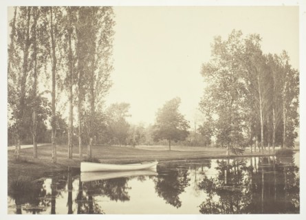 Untitled, c. 1850. [Boat on a lake in the Bois de Boulogne, a park in Paris].  Creator: Charles Marville.