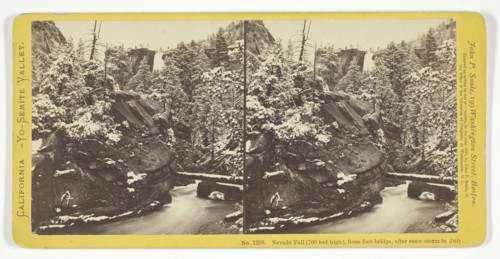 Nevada Fall (700 feet high), From Foot-Bridge, after Snow Storm in July, 1870. Creator: John P. Soule.