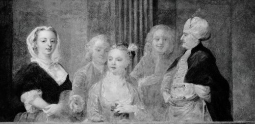 Fashionable Figures, with a Man in Turkish Costume, 1733/35. Creator: Unknown.