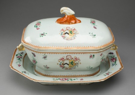 Covered Tureen and Stand with the Arms of French Impaling Sutton, China, c. 1765. Creator: Jingdezhen Porcelain.