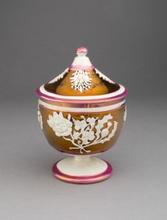 Sugar Bowl with Symbols of England, Ireland, and Scotland, Staffordshire, c. 1830. Creator: Staffordshire Potteries.
