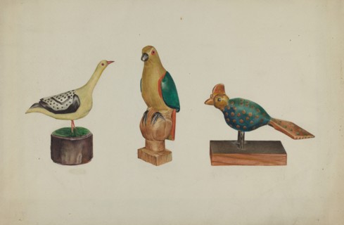 Pa. German Three Carved and Painted Birds, c. 1937. Creator: Victor F. Muollo.