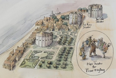 Hope Theatre, Rose Theatre and Globe Theatre, Southwark, London, c1647 (2016). Creator: Judith Dobie.