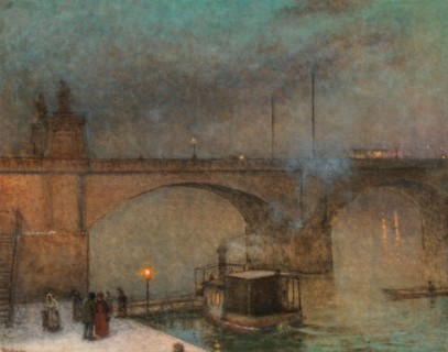 Prague, steamer on the Vltava before the Palacky Bridge, ca 1910-1915. Creator: Schikaneder, Jakub (1855-1924).