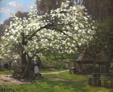Printemps, paysanne sous les arbres en fleurs (Spring, peasant woman under..., ca. 1865. Creator: Sisley, Alfred (1839-1899).