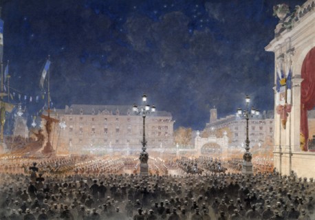 Torchlight retreat on Place de l'Hotel de Ville. Franco-Russian celebrations, October 1893, 1893. Creator: Hoffbauer, Feodor (Fédor) (1839-1922).