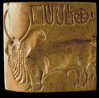 Zebu Bull Seal with Indus Script Found at Mohenjo Daro, Indus Valley , 3rd millenium BC. Creator: Indus Valley Civilisation.
