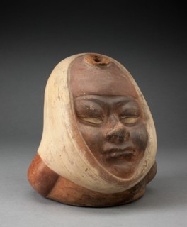 Stirrup Spout Vessel with Missing Handle in the Form of a Head Wraped in Textile, 100 B.C./A.D. 500. Creator: Unknown.