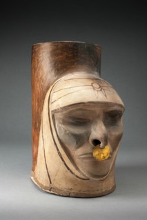 Fragment of a Jar in the Form of a Human Head, Possibly Deceased, Wearing a Nosering, 100 BC/AD 500. Creator: Unknown.