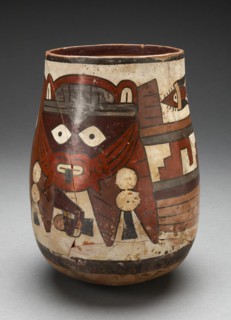 Rounded Beaker Depicting Masked Figure Holding Decapitated Head, 180 B.C./A.D. 500. Creator: Unknown.