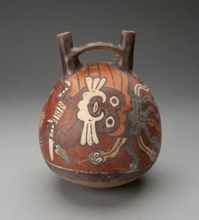Double Spout and Bridge Vessel Depicting Costumed Performer with Snake Headdress, 180 BC/AD 500. Creator: Unknown.