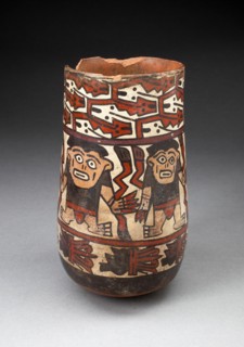 Beaker Depicting Rows of Figures Holdings Staffs or Plants with Geometric Motifs, 180 B.C./A.D. 500. Creator: Unknown.