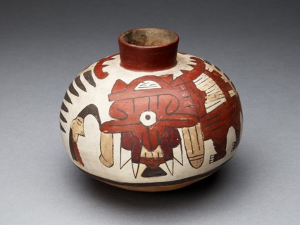 Jar Depicting a Performer Wearing Abstract Bird Costume and Holding a Trophy Head, 180 BC/AD 500. Creator: Unknown.