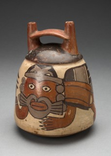 Double Spout Vessel Depicting Costumed Figure with Bird Attributes, Holding a Staff, 180 B.C./A.D. 5 Creator: Unknown.