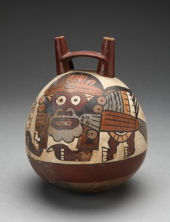 Double Spout Vessel Depicting Costumed Figure with Bird Attributes, Holding a Staff, 180 B.C./A.D. 5 Creator: Unknown.