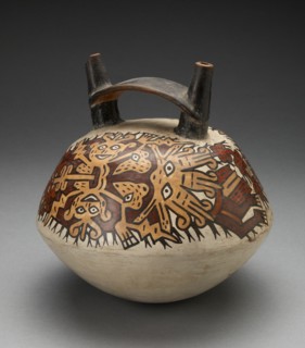 Double Spout Vessel Depicting Costumed Figure with Intricate Abstract Mask, 180 B.C./A.D. 500. Creator: Unknown.