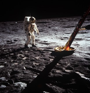 Buzz Aldrin by the leg of the Lunar Module, Apollo II mission, July 1969.  Creator: Neil Armstrong.