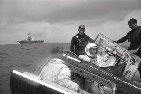 Gemini 9 crew waves to the Wasp, 1966. Creator: NASA.