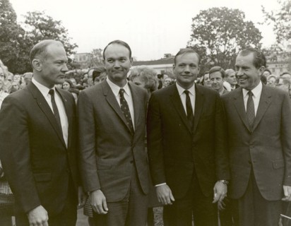 President Nixon meets the Apollo 11 astronauts on the lawn of the White House. Creator: Unknown.