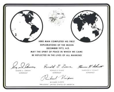 Replica of the plaque left on the Moon by Apollo 17 astronauts, 1972.  Creator: NASA.